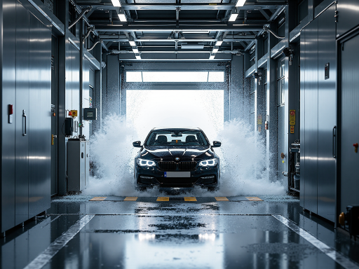 Modern manufacturing facility with automatic car wash equipment production line, blue industrial background, professional workers in safety gear