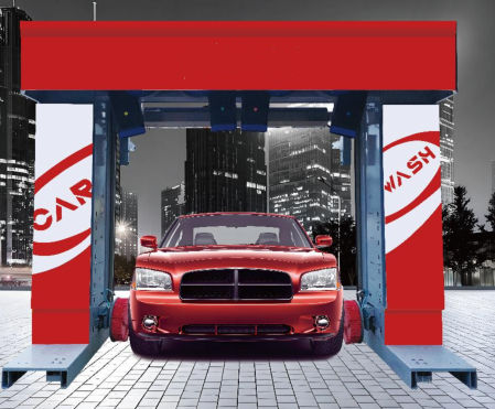 Automatic gantry car wash machine with overhead structure, modern industrial design, silver and blue components